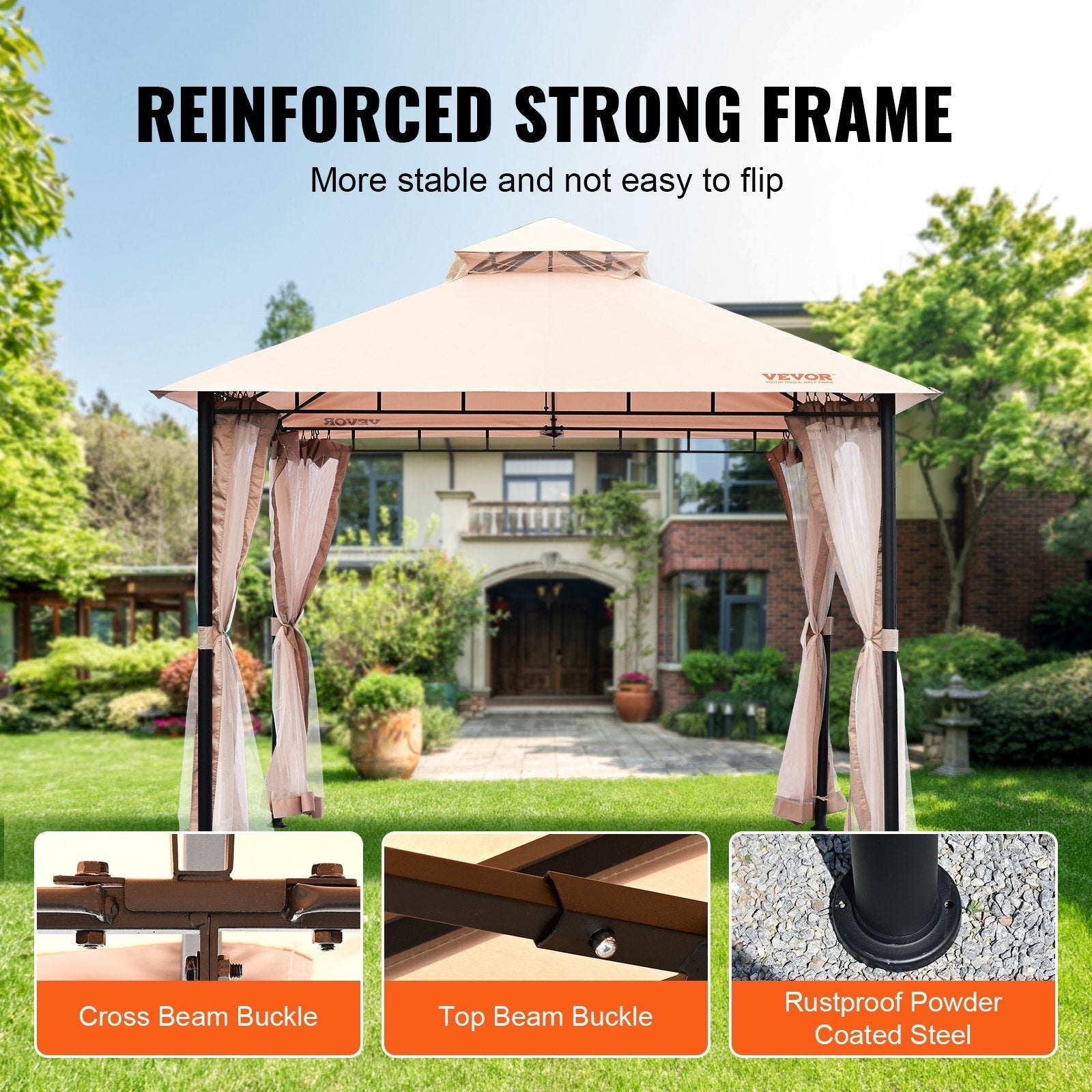 VEVOR Patio Gazebo for 6-8 Person, 10 x 10 FT Backyard Gazebo, with Mosquito Netting, Metal Frame, and PU Coated 180G Polyester, Outdoor Canopy Shelter for Patio, Lawn, Backyard, Deck, Garden