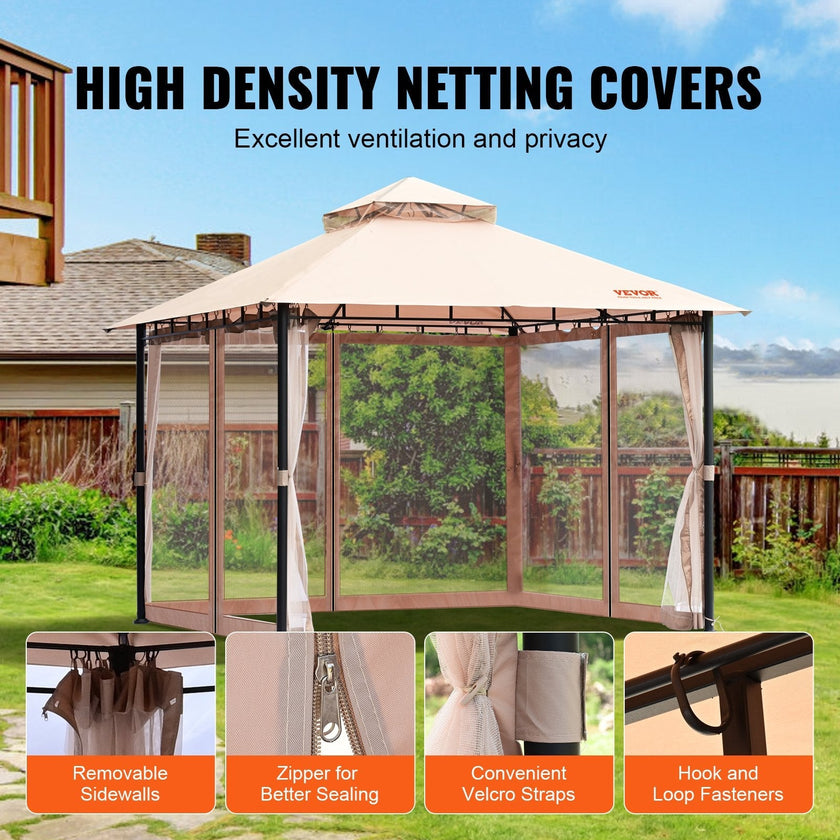 VEVOR Patio Gazebo for 6-8 Person, 10 x 10 FT Backyard Gazebo, with Mosquito Netting, Metal Frame, and PU Coated 180G Polyester, Outdoor Canopy Shelter for Patio, Lawn, Backyard, Deck, Garden