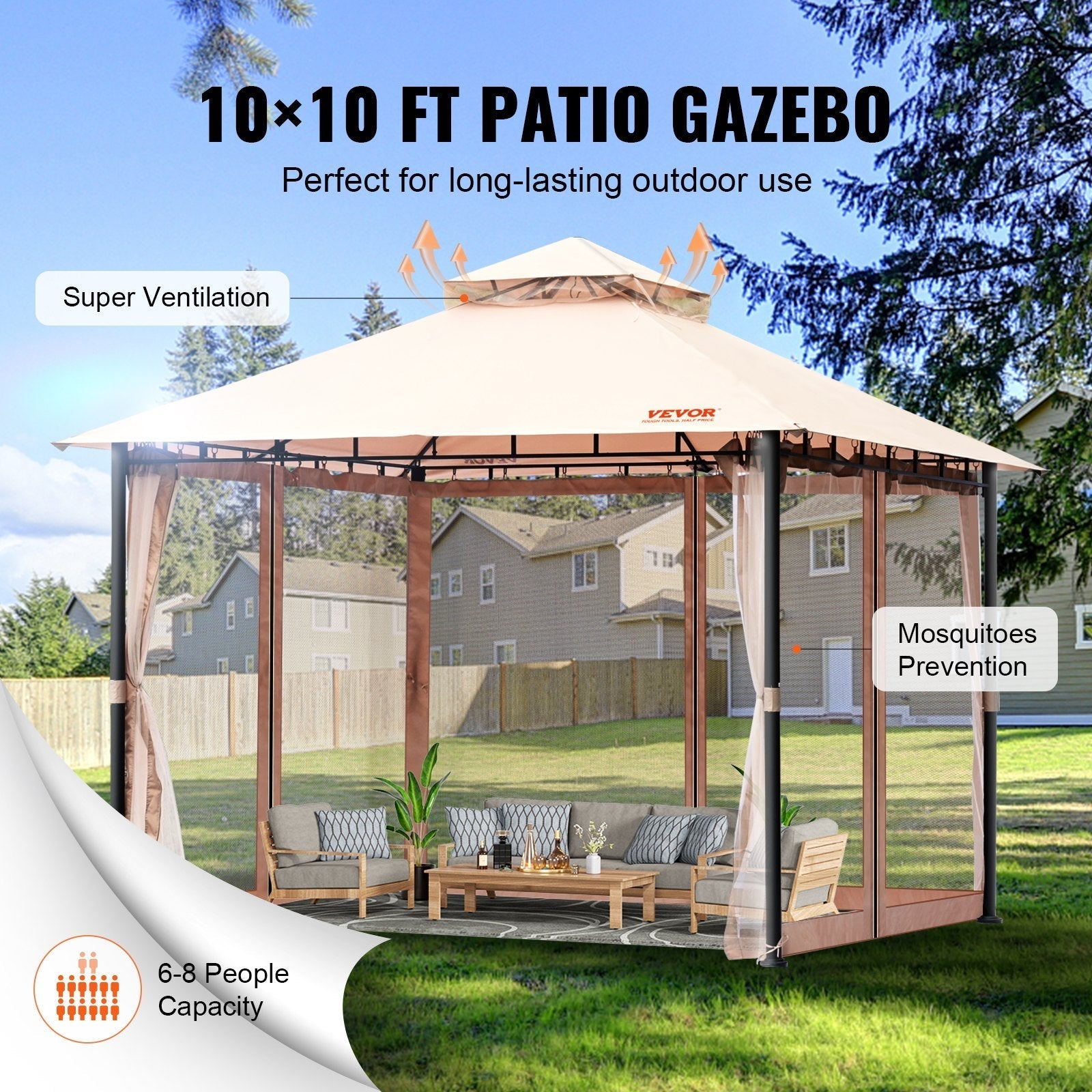 VEVOR Patio Gazebo for 6-8 Person, 10 x 10 FT Backyard Gazebo, with Mosquito Netting, Metal Frame, and PU Coated 180G Polyester, Outdoor Canopy Shelter for Patio, Lawn, Backyard, Deck, Garden