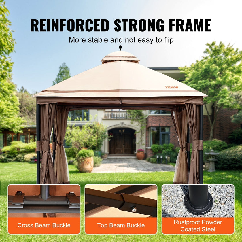 VEVOR Patio Gazebo for 10-12 Person, 10 x 13 FT Backyard Gazebo, with Mosquito Netting, Metal Frame, and PU Coated 180G Polyester, Outdoor Canopy Shelter for Patio, Backyard, Lawn, Garden, Deck