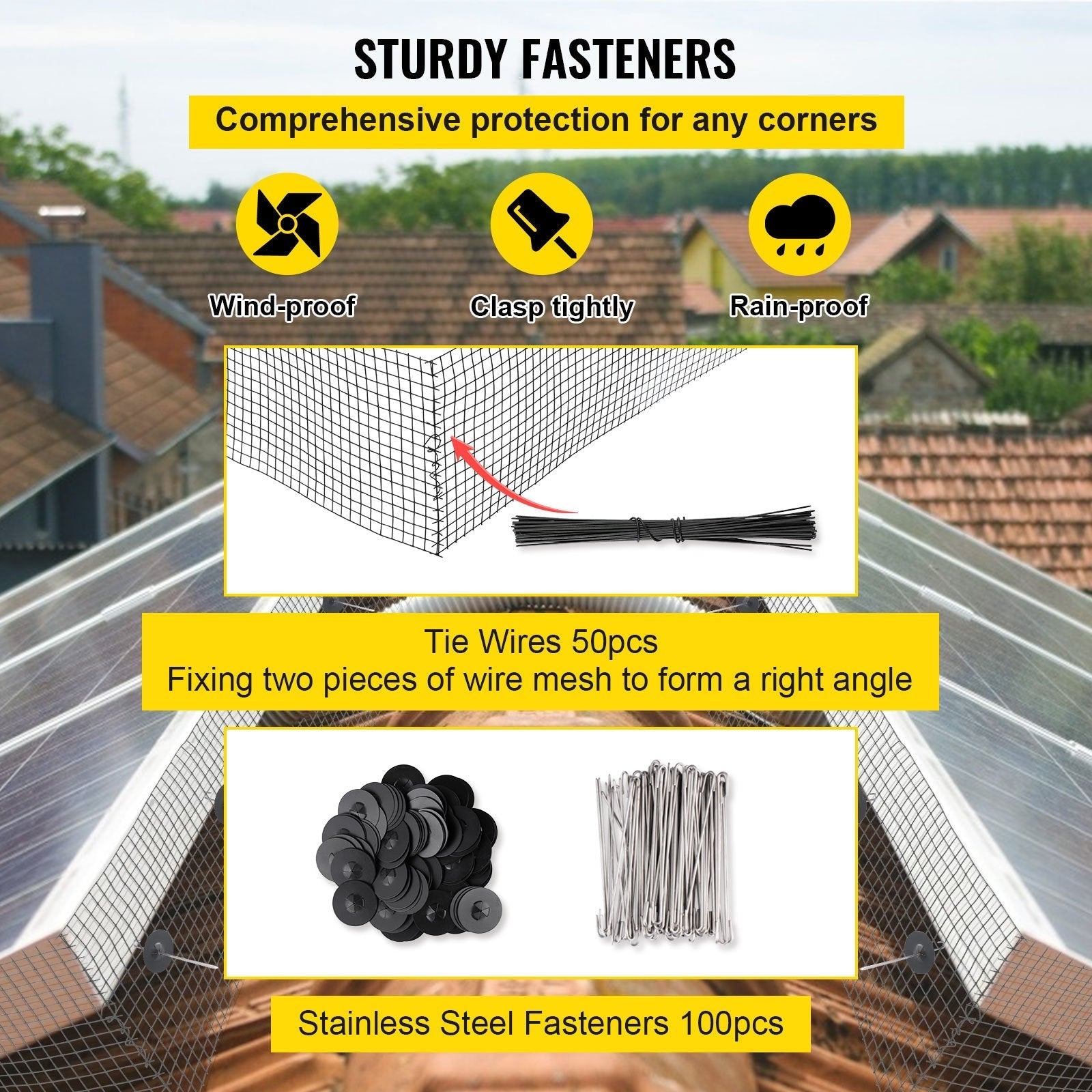 VEVOR Solar Panel Bird Wire, 8inch x 98ft Critter Guard Roll Kit, Solar Panel Guard with 100pcs Stainless Steel Fasteners, Removable PVC Coated Guard Wire for Squirrel, Bird, Critters Proofing