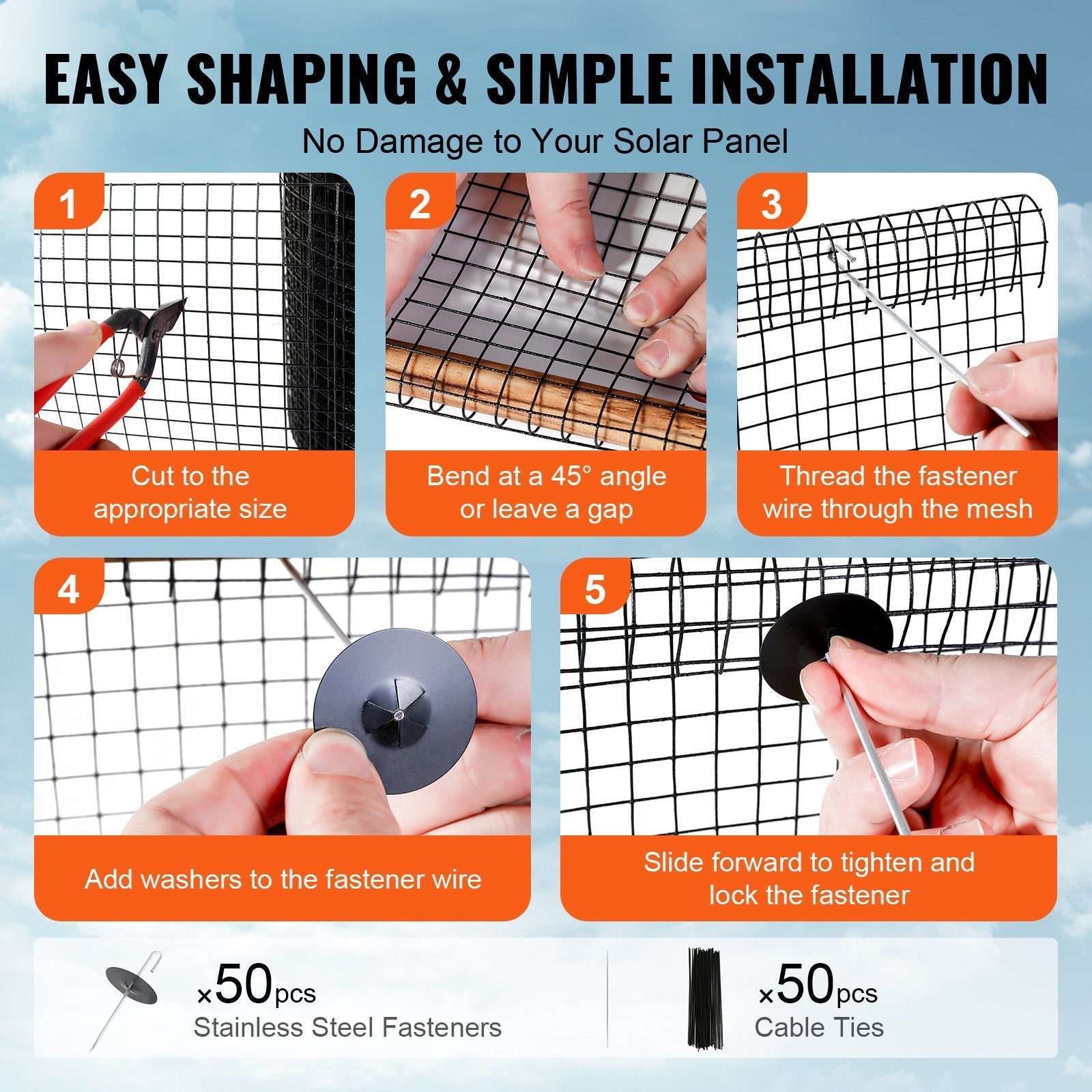 VEVOR 6 inch x 50ft Solar Panel Bird Guard, Critter Guard Roll Kit with 50pcs Stainless Steel Fasteners, Solar Panel Guard with Rust-proof PVC Coating, 1/2 inch Wire Roll Mesh