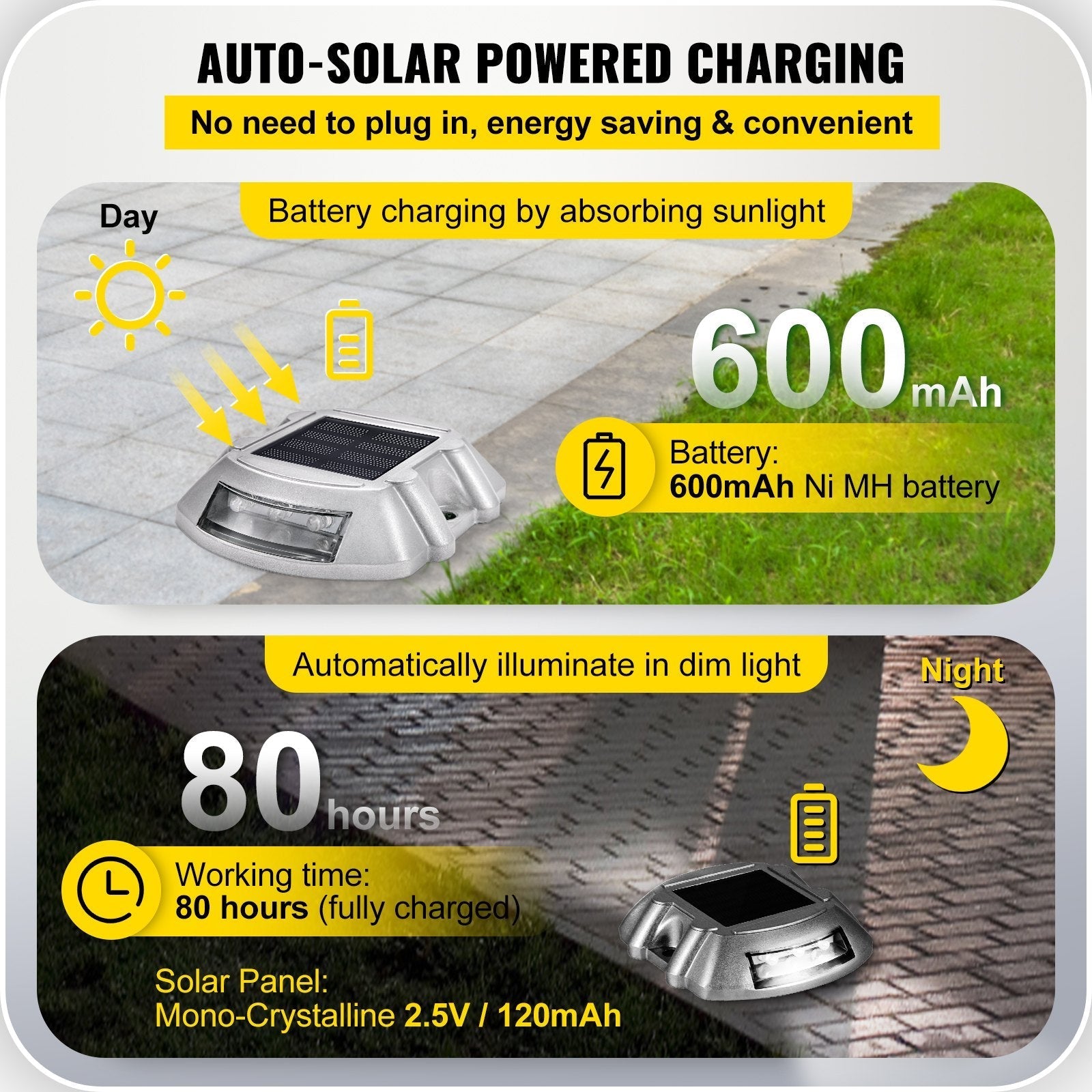 VEVOR Driveway Lights 16-Pack, Solar Driveway Lights with Switch Button, Solar Deck Lights Waterproof, Wireless Dock Lights 6 LEDs for Path Warning Garden Walkway Sidewalk Steps, LED Bright White