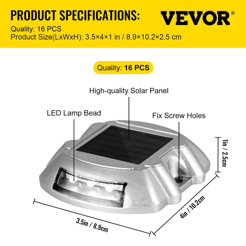 VEVOR Driveway Lights 16-Pack, Solar Driveway Lights with Switch Button, Solar Deck Lights Waterproof, Wireless Dock Lights 6 LEDs for Path Warning Garden Walkway Sidewalk Steps, LED Bright White