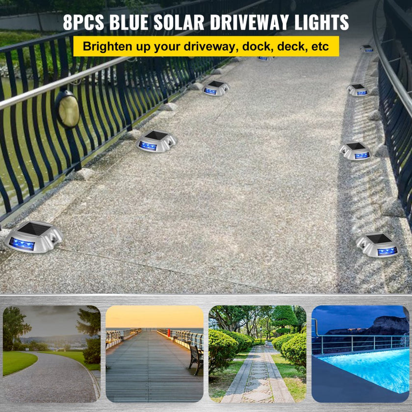 VEVOR Driveway Lights 8-Pack, Solar Driveway Lights with Switch Button, Solar Deck Lights Waterproof, Wireless Dock Lights 6 LEDs for Path Warning Garden Walkway Sidewalk Steps, LED Bright Blue