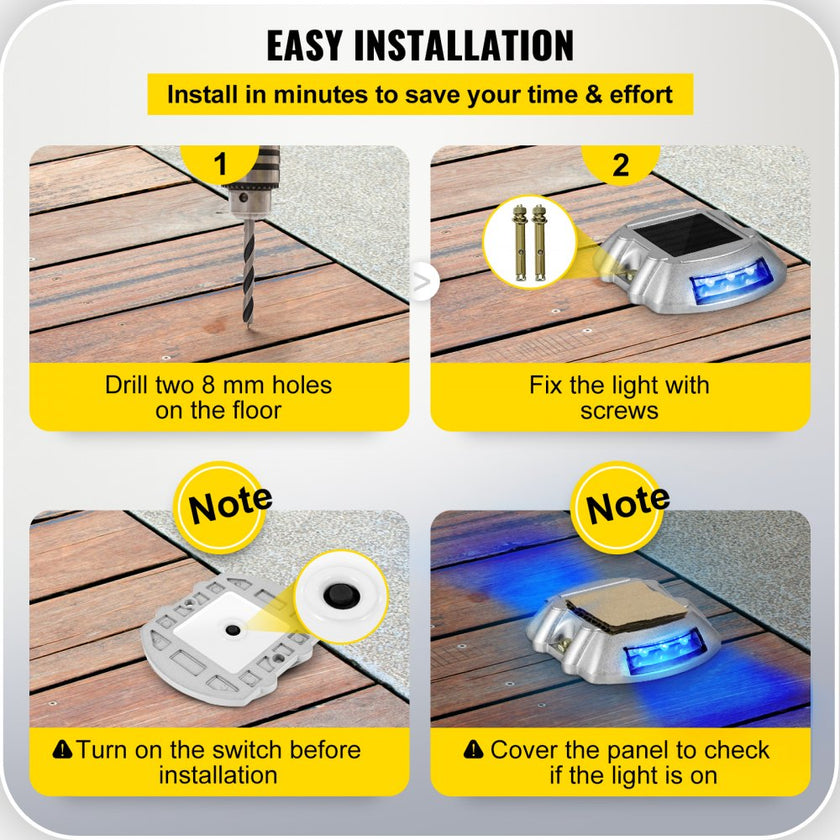 VEVOR Driveway Lights 8-Pack, Solar Driveway Lights with Switch Button, Solar Deck Lights Waterproof, Wireless Dock Lights 6 LEDs for Path Warning Garden Walkway Sidewalk Steps, LED Bright Blue
