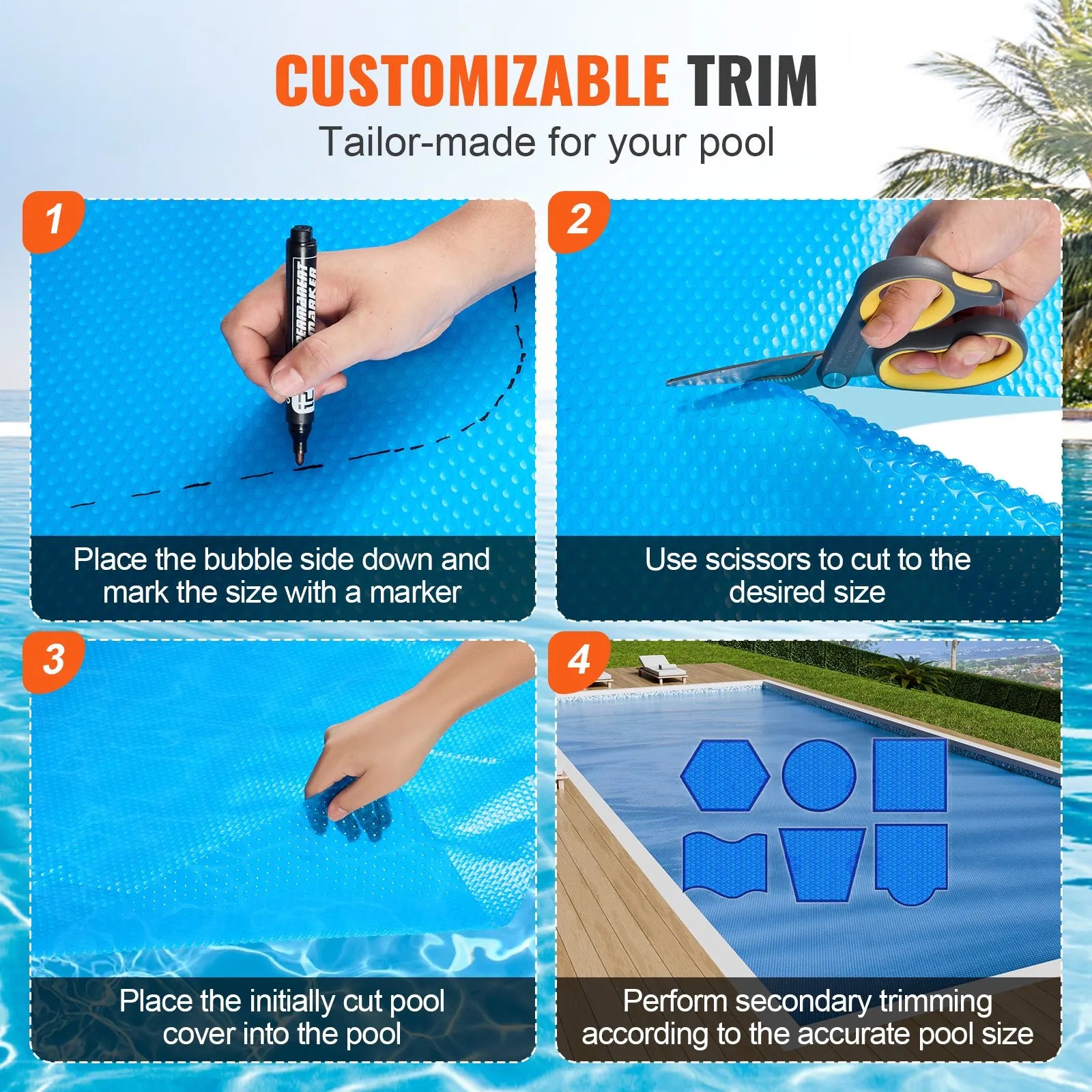 VEVOR Solar Pool Cover, 24 x 12 ft Rectangle Solar Blanket for Pools, Inground Above Ground Swimming Pool Solar Cover, 16 mil Solar Covers Blue