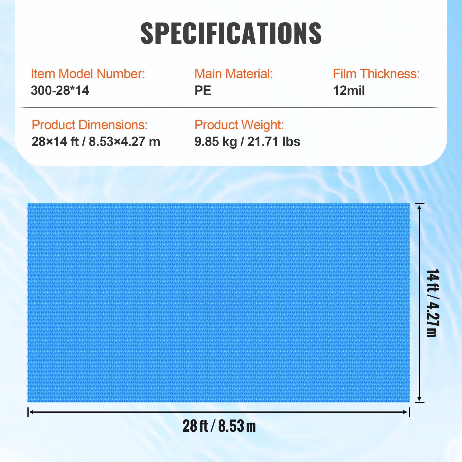 VEVOR Solar Pool Cover, 28 x 14 ft Rectangle Solar Blanket for Pools, Inground Above Ground Swimming Pool Solar Cover, 12 mil Solar Covers Blue