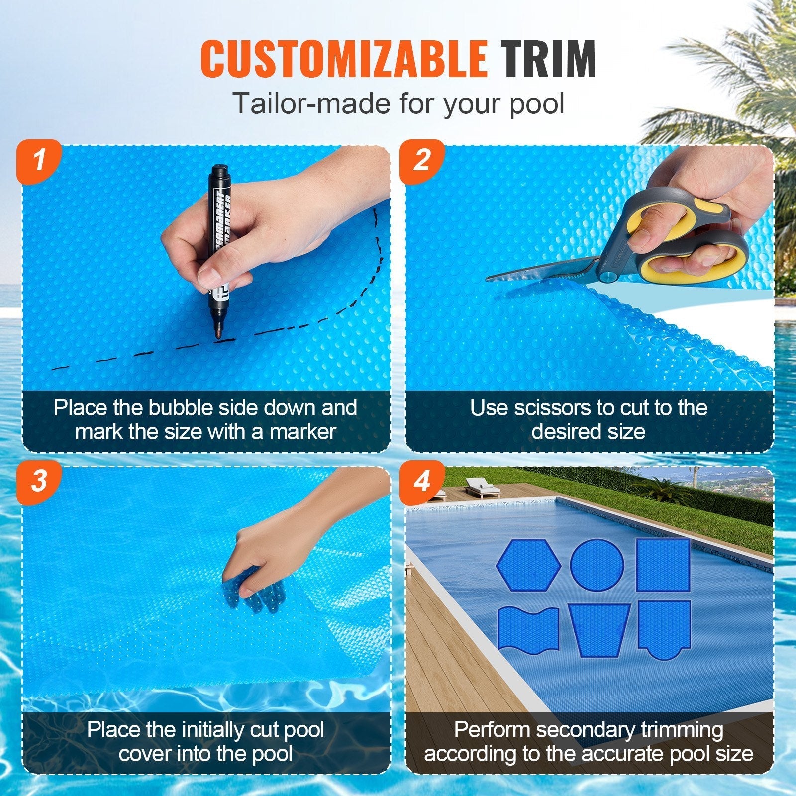 VEVOR Solar Pool Cover, 32 x 16 ft Rectangle Solar Blanket for Pools, Inground Above Ground Swimming Pool Solar Cover, 16 mil Solar Covers Blue