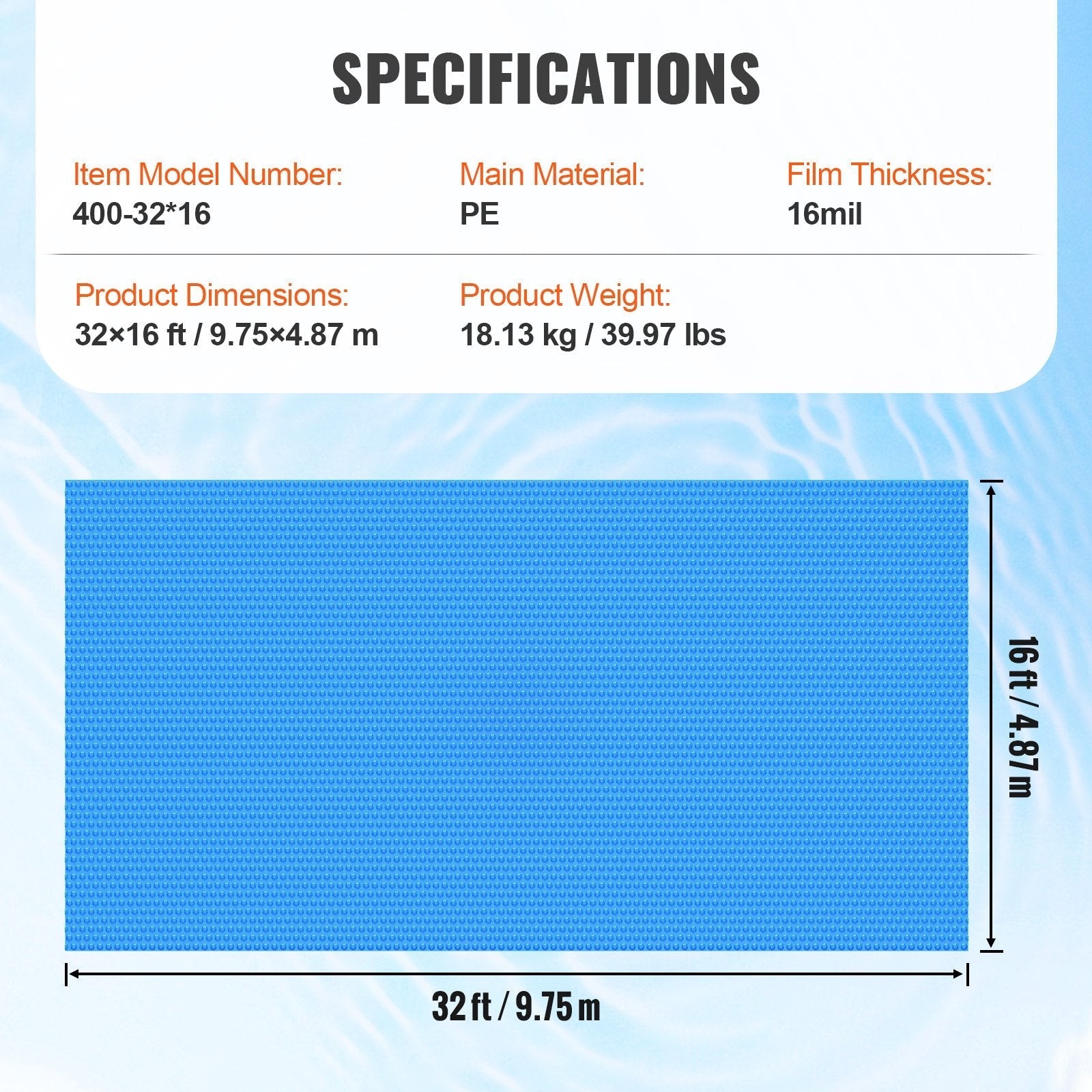 VEVOR Solar Pool Cover, 32 x 16 ft Rectangle Solar Blanket for Pools, Inground Above Ground Swimming Pool Solar Cover, 16 mil Solar Covers Blue