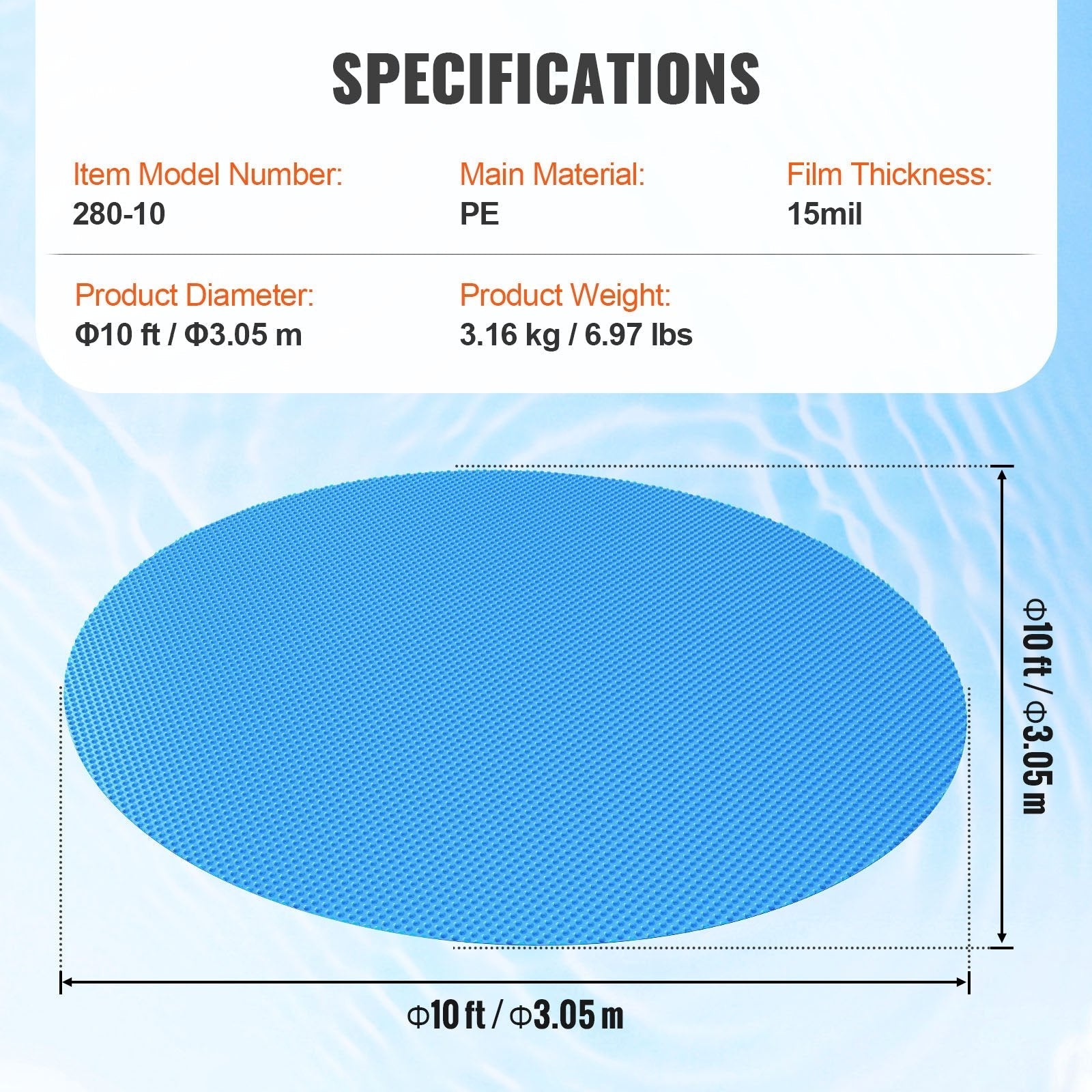 VEVOR Solar Pool Cover, ?10 ft Round Solar Blanket for Pools, Inground Above Ground Swimming Pool Solar Cover, 15 mil Solar Covers Blue