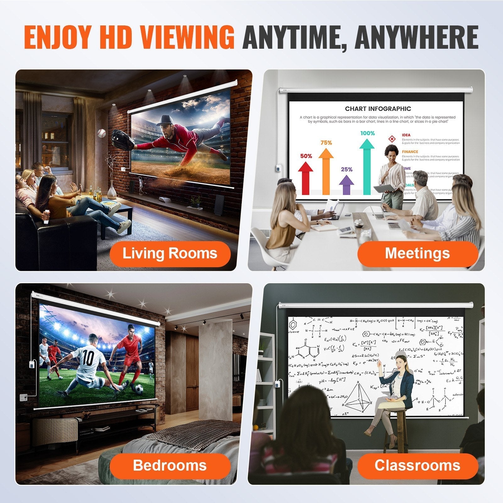 VEVOR Motorized Projector Screen, 120 inch 16:9 4K 1080 HD Electric Projector Screen, Automatic Projection Screen with Remote Control, Wall Mount Movie Screen for Family Home Office Theater