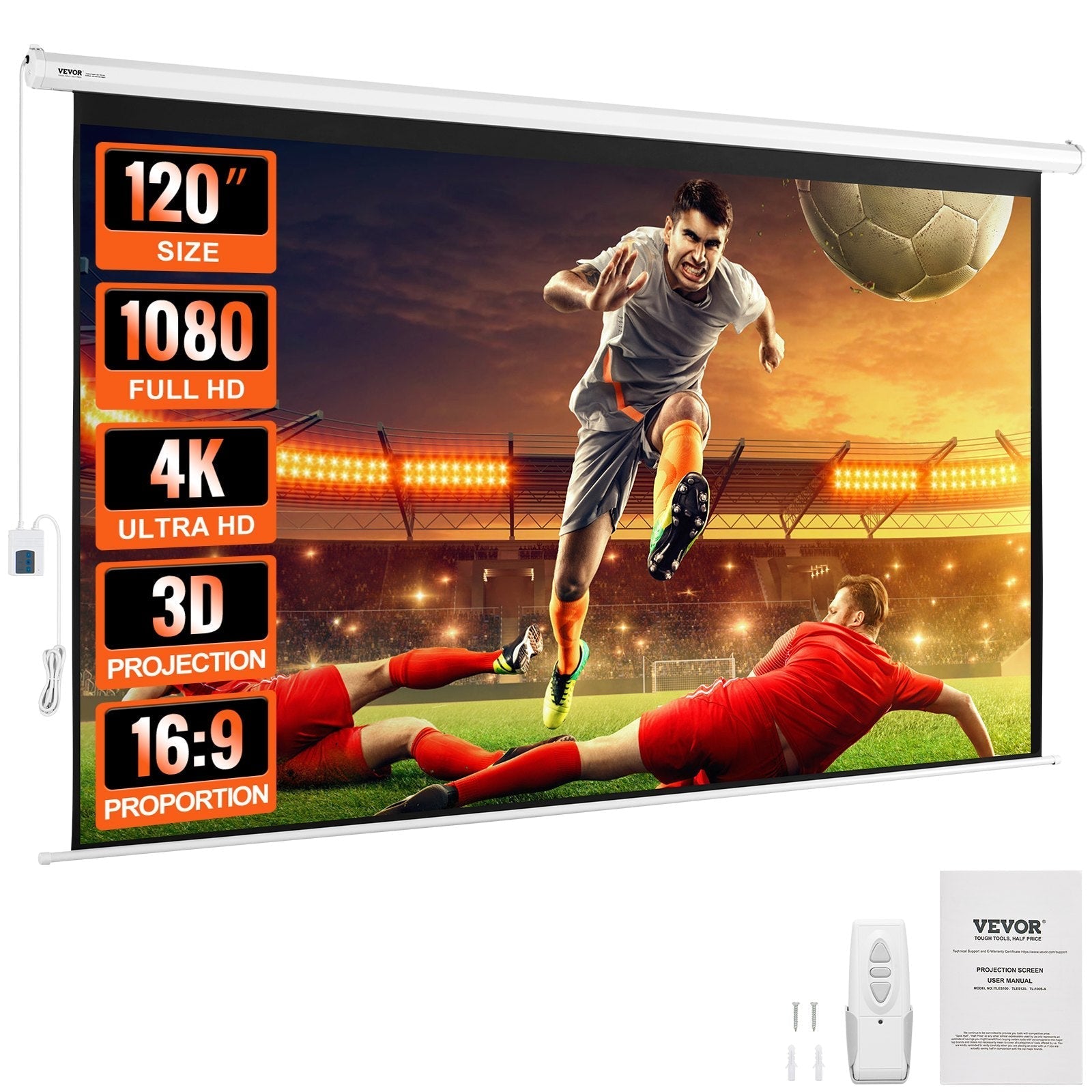 VEVOR Motorized Projector Screen, 120 inch 16:9 4K 1080 HD Electric Projector Screen, Automatic Projection Screen with Remote Control, Wall Mount Movie Screen for Family Home Office Theater