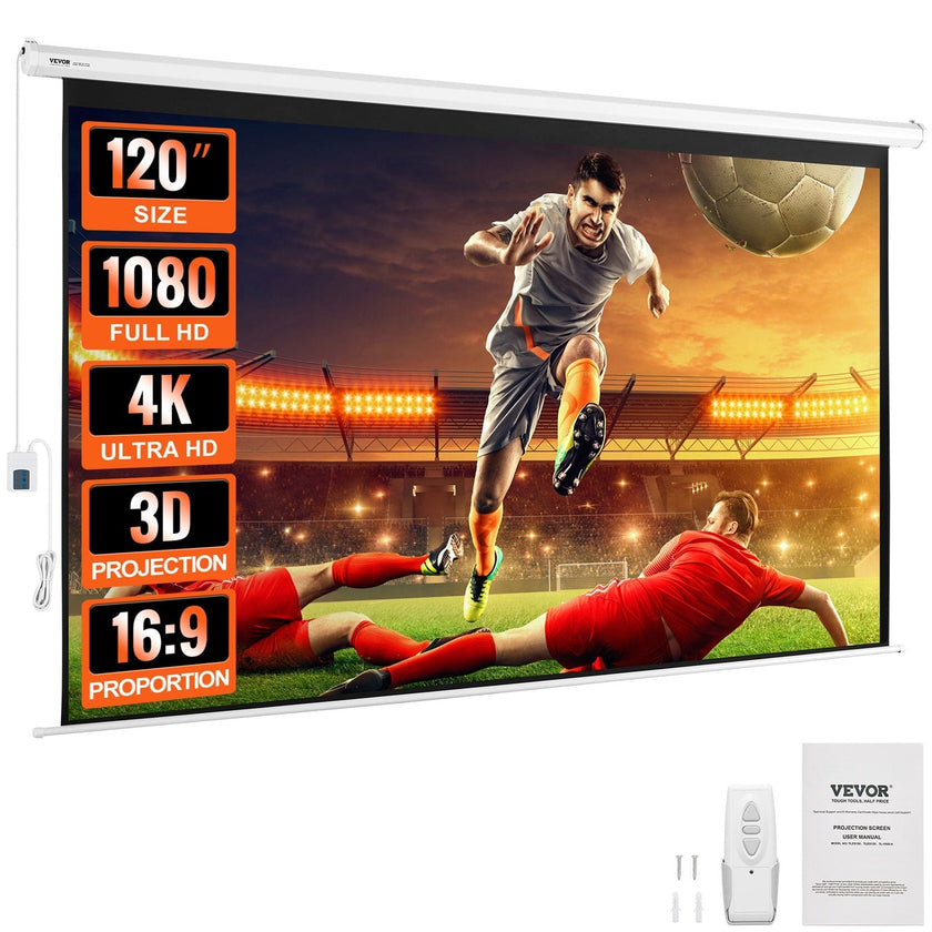 VEVOR Motorized Projector Screen, 120 inch 16:9 4K 1080 HD Electric Projector Screen, Automatic Projection Screen with Remote Control, Wall Mount Movie Screen for Family Home Office Theater