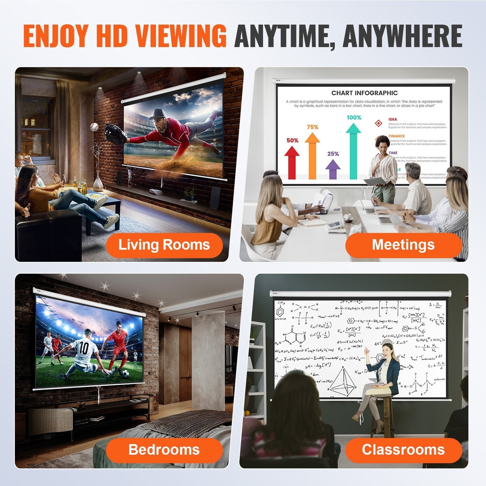 VEVOR Manual Pull Down Projector Screen, 100 inch 16:9 4K 1080 HD Retractable Projector Screen, Auto-Locking Portable Projection Screen, Portable Projector Movie Screen for Family Home Office Theater