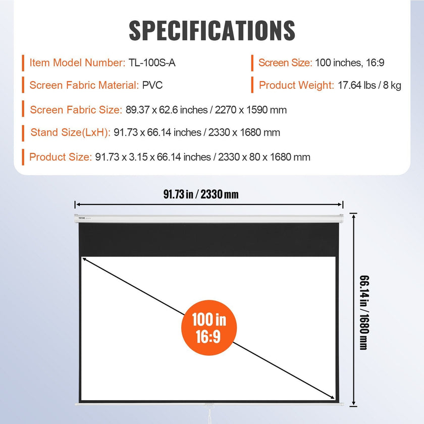 VEVOR Manual Pull Down Projector Screen, 100 inch 16:9 4K 1080 HD Retractable Projector Screen, Auto-Locking Portable Projection Screen, Portable Projector Movie Screen for Family Home Office Theater