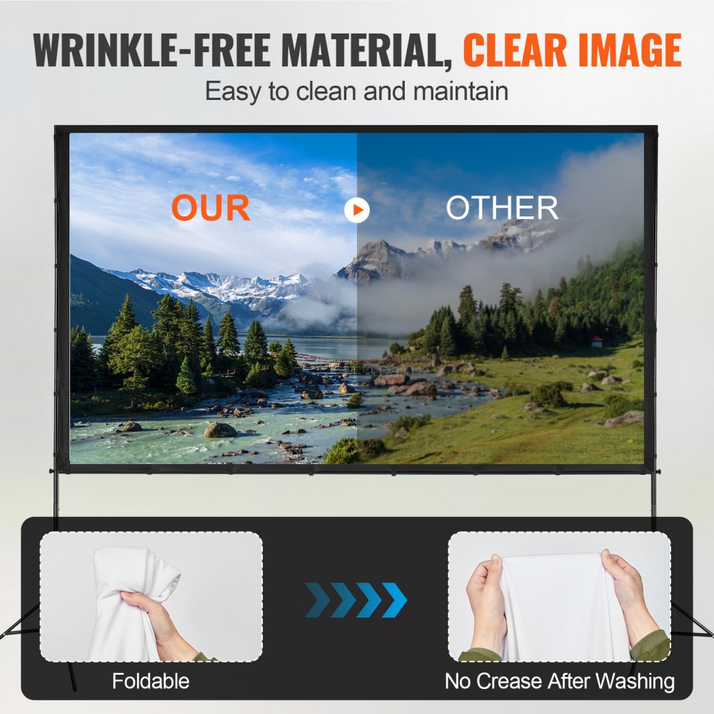 VEVOR Projector Screen with Stand, 120 inch 16:9 4K 1080 HD Outdoor Movie Screen with Stand, Wrinkle-Free Projection Screen with Tripods and Carry Bag, for Home Theater Cinema Backyard Movie Night