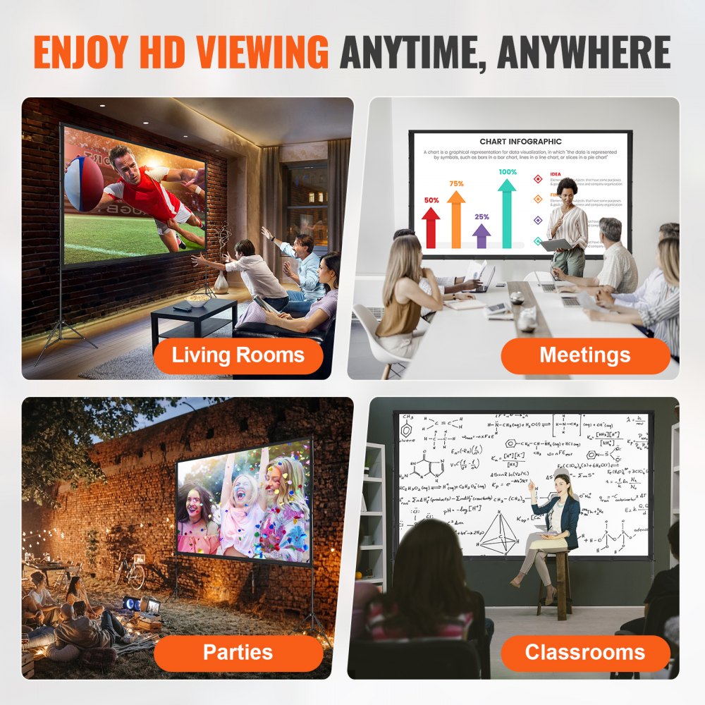 VEVOR Projector Screen with Stand, 120 inch 16:9 4K 1080 HD Outdoor Movie Screen with Stand, Wrinkle-Free Projection Screen with Tripods and Carry Bag, for Home Theater Cinema Backyard Movie Night