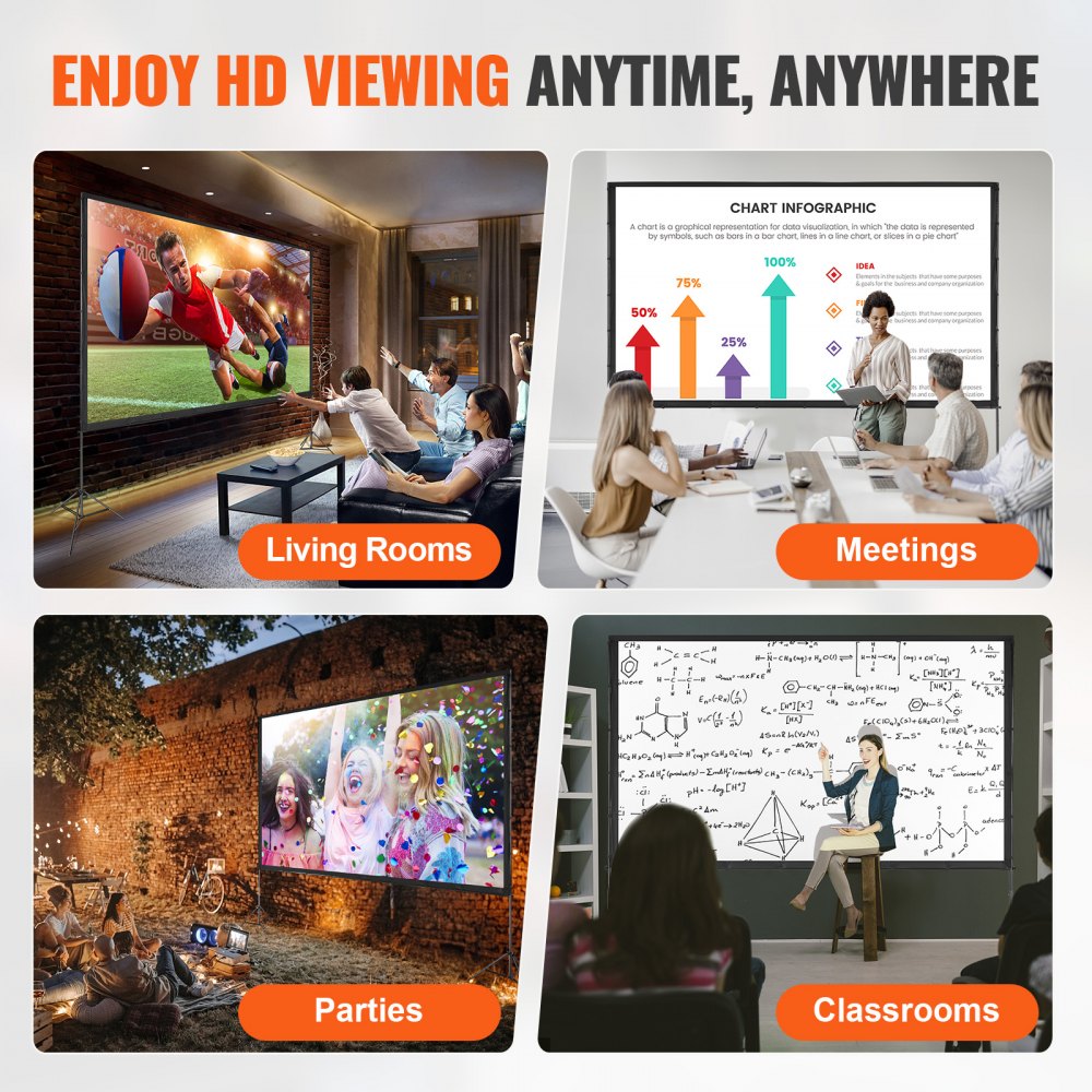 VEVOR Projector Screen with Stand, 150 inch 16:9 4K 1080 HD Outdoor Movie Screen with Stand, Wrinkle-Free Projection Screen with Tripods and Carry Bag
