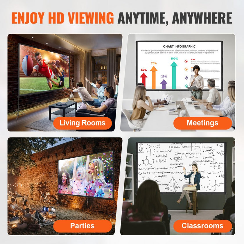VEVOR Projector Screen with Stand, 150 inch 16:9 4K 1080 HD Outdoor Movie Screen with Stand, Wrinkle-Free Projection Screen with Tripods and Carry Bag