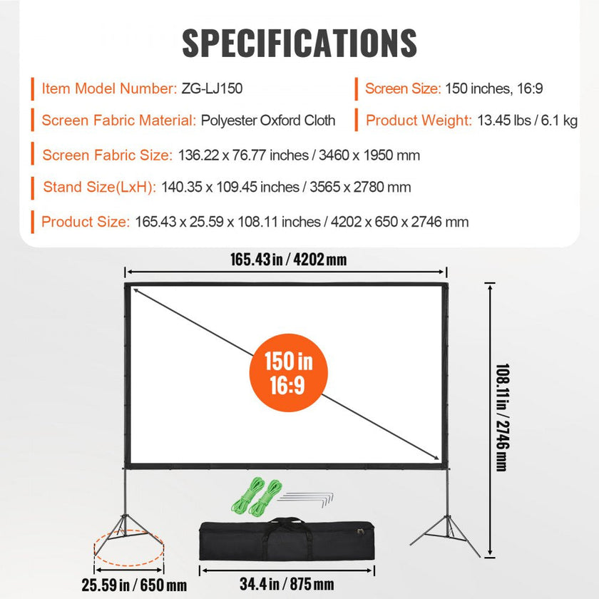 VEVOR Projector Screen with Stand, 150 inch 16:9 4K 1080 HD Outdoor Movie Screen with Stand, Wrinkle-Free Projection Screen with Tripods and Carry Bag