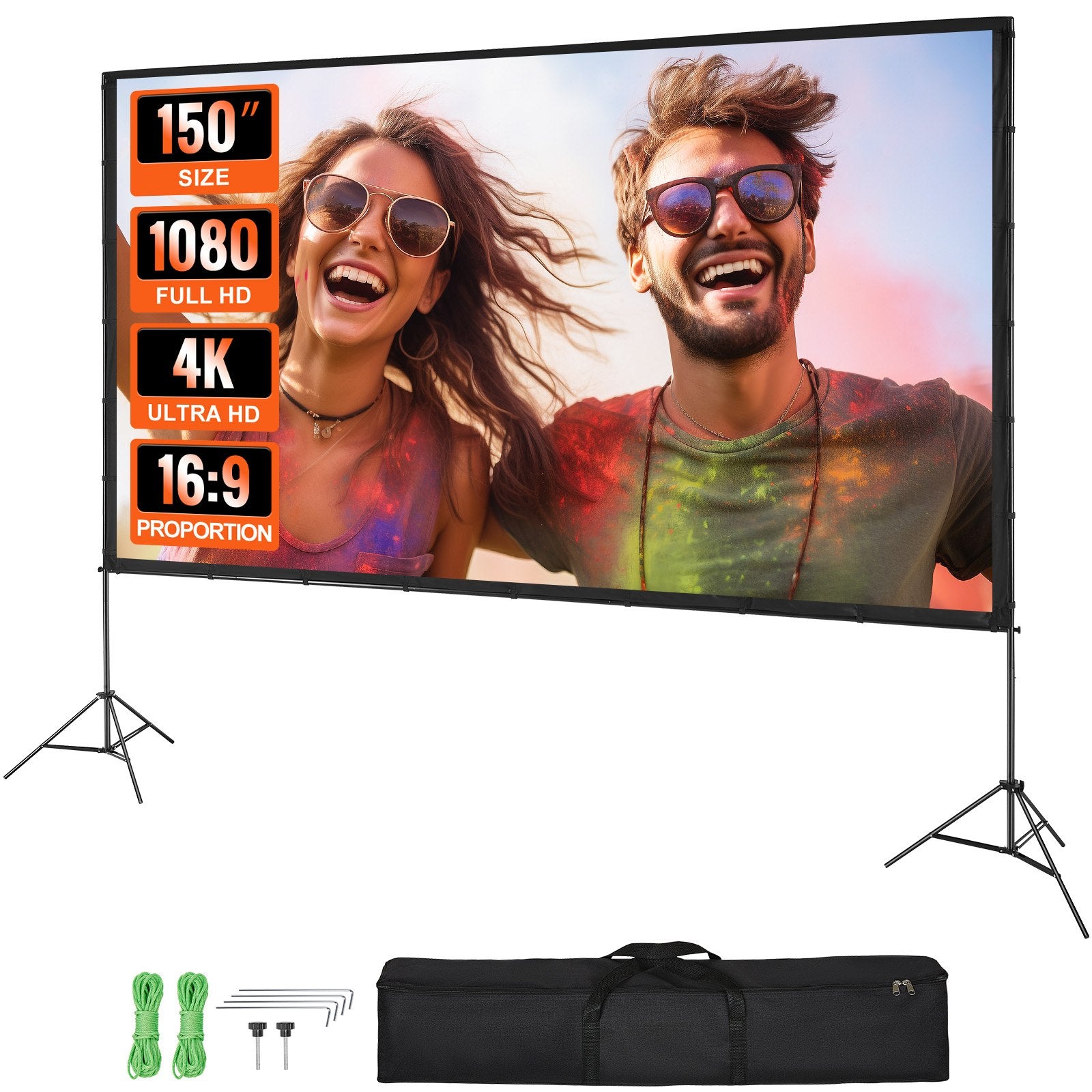 VEVOR Projector Screen with Stand, 150 inch 16:9 4K 1080 HD Outdoor Movie Screen with Stand, Wrinkle-Free Projection Screen with Tripods and Carry Bag