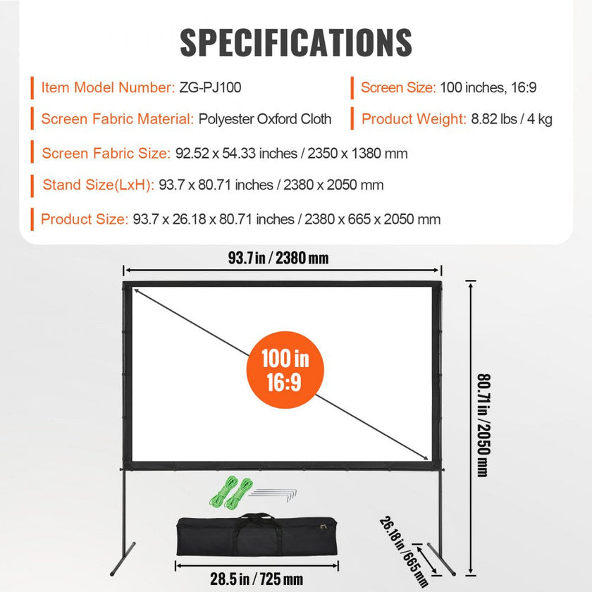 VEVOR Projector Screen with Stand, 100 inch 16:9 4K 1080 HD Outdoor Movie Screen with Stand, Wrinkle-Free Projection Screen with Bar Feet and Carry Bag, for Home Theater Cinema Backyard Movie Night