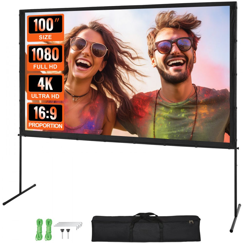 VEVOR Projector Screen with Stand, 100 inch 16:9 4K 1080 HD Outdoor Movie Screen with Stand, Wrinkle-Free Projection Screen with Bar Feet and Carry Bag, for Home Theater Cinema Backyard Movie Night