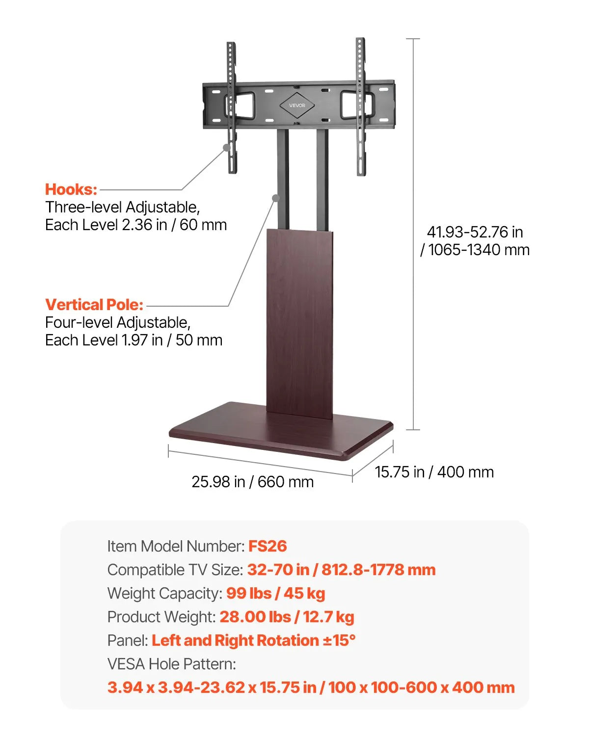 VEVOR Universal TV Stand Swivel Stand Holds up to 99 lbs for 32-70 Inch Screens