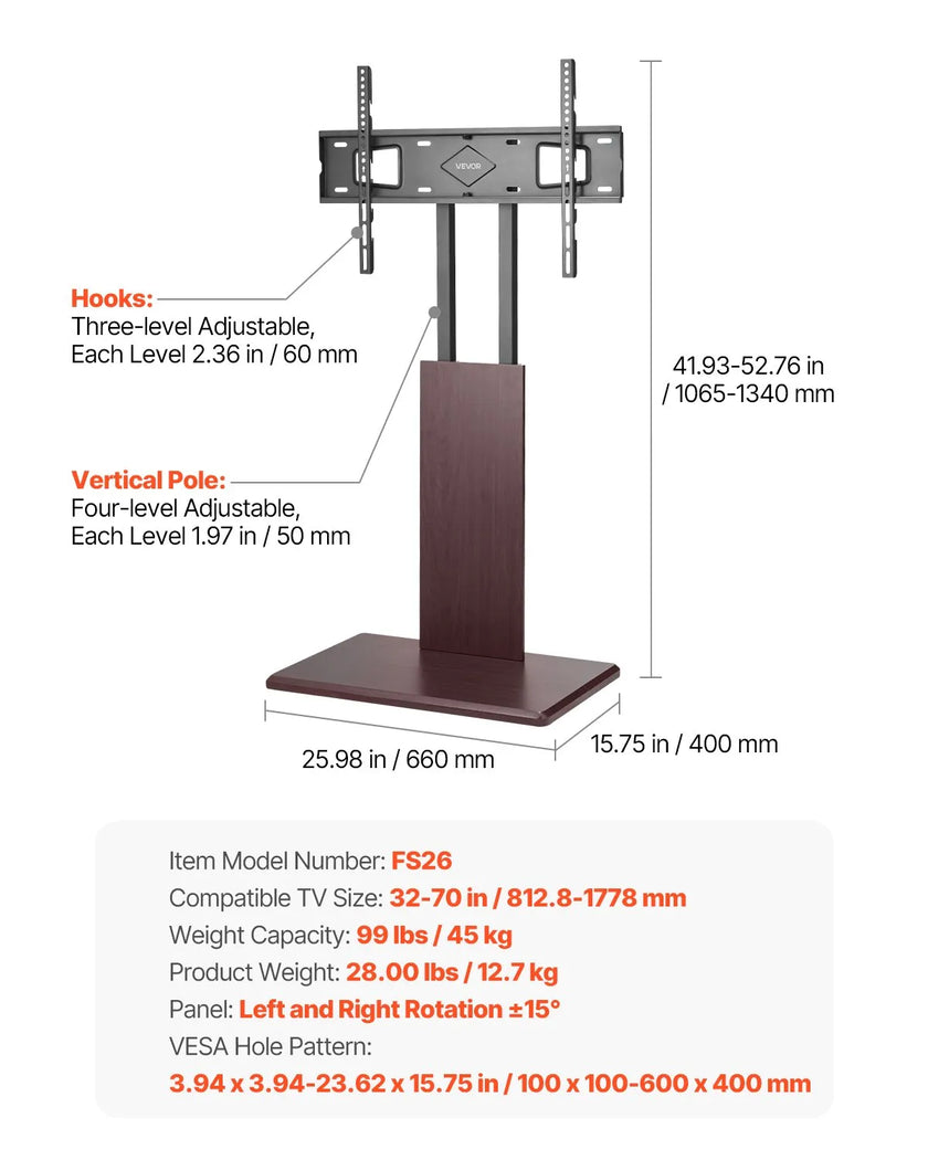 VEVOR Universal TV Stand Swivel Stand Holds up to 99 lbs for 32-70 Inch Screens