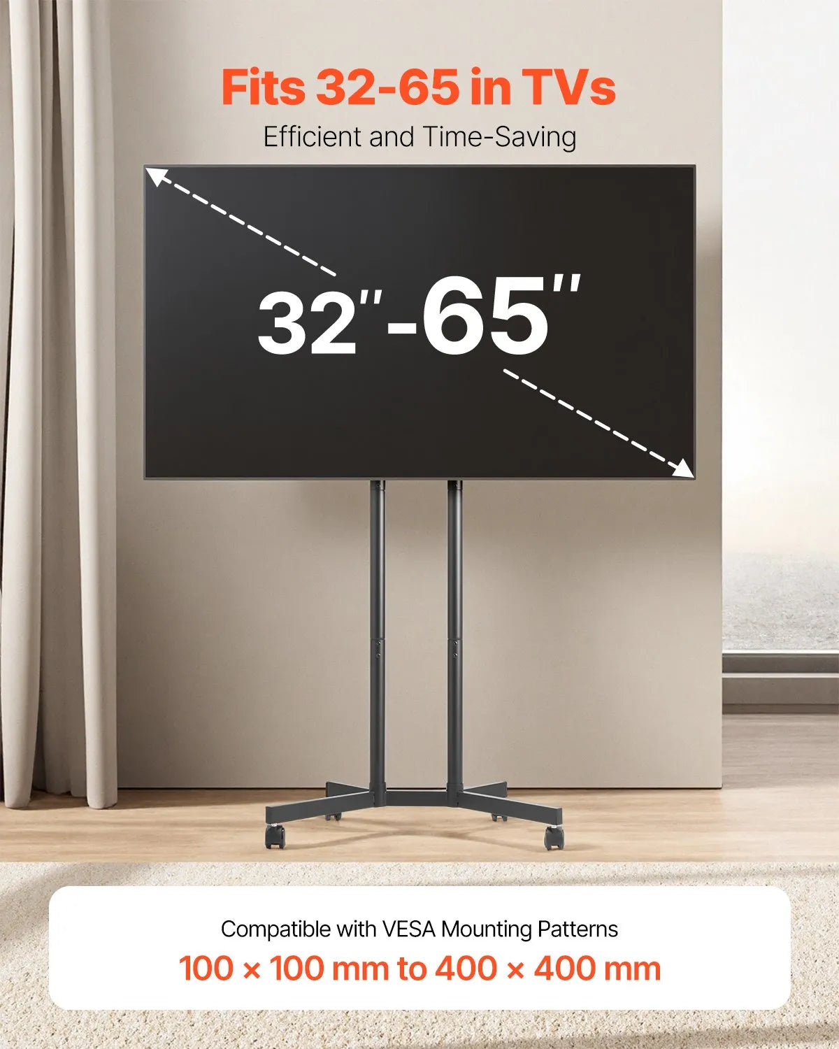 VEVOR Rolling TV Stand Mobile TV Cart Holds Up to 88 lbs for 32-65 Inch Screens