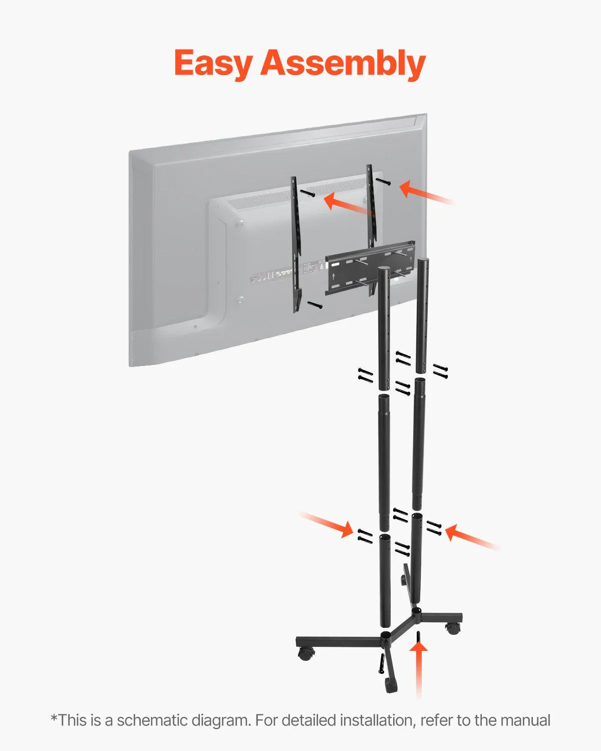 VEVOR Rolling TV Stand Mobile TV Cart Holds Up to 88 lbs for 32-65 Inch Screens