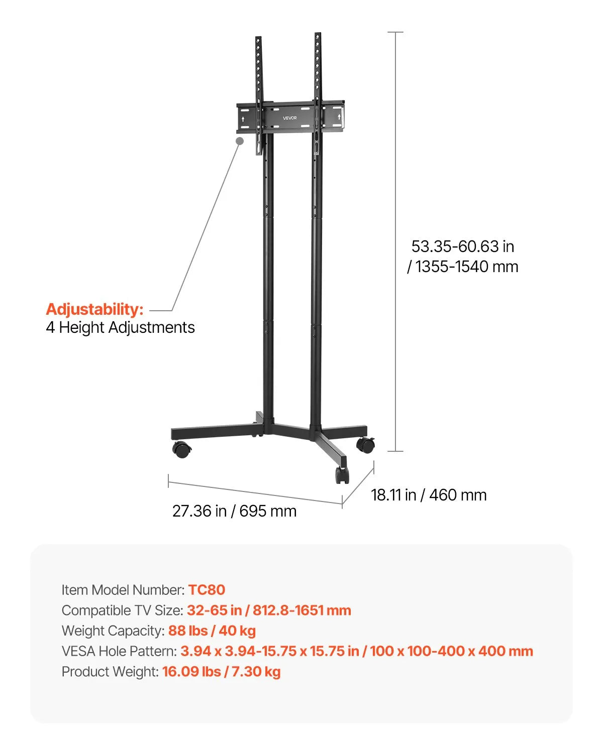 VEVOR Rolling TV Stand Mobile TV Cart Holds Up to 88 lbs for 32-65 Inch Screens