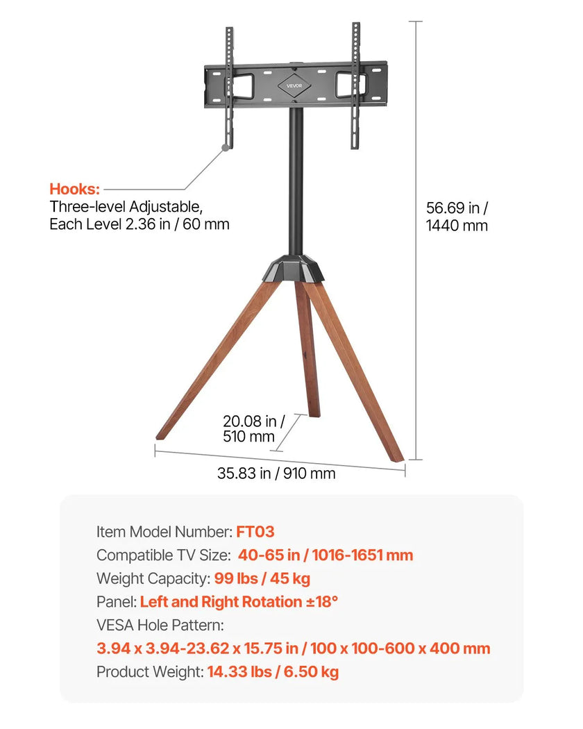 VEVOR Tripod Easel TV Stand Wood Legs Holds up to 99 lbs for 40-65 Inch Screens