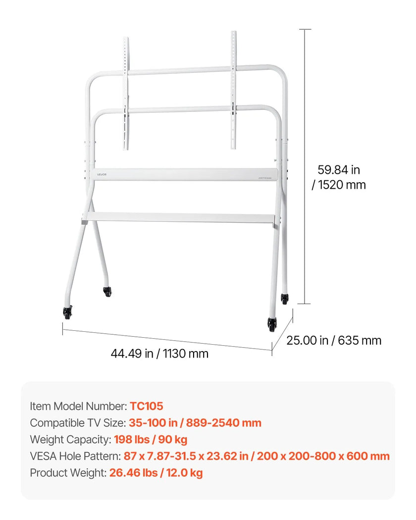 VEVOR Rolling TV Stand Mobile TV Cart Holds Up to 198 lbs for 35-100 In Screens