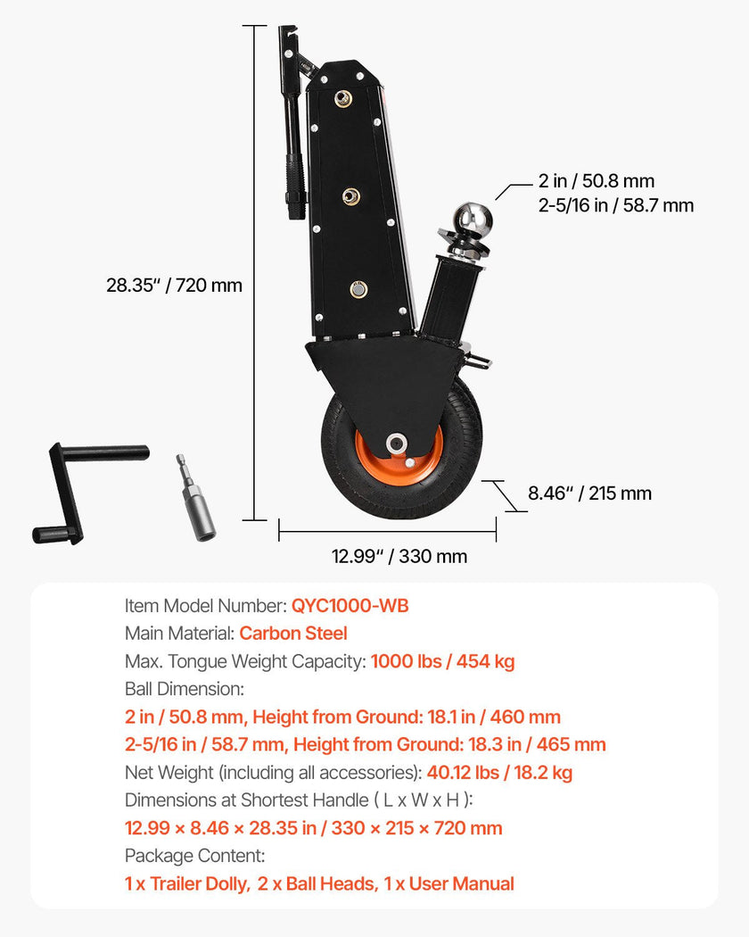 300lbs Adjustable Trailer Dolly 16.5 and 22 in Height 1-7/8 and 2 in Balls