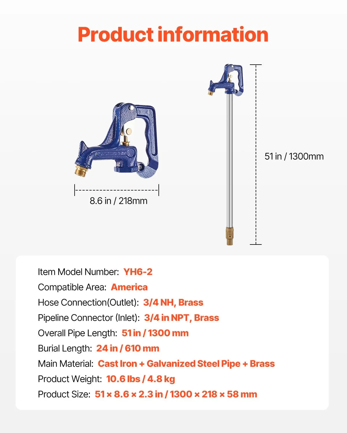 VEVOR Frost Proof Yard Hydrant 51'' Length 24
