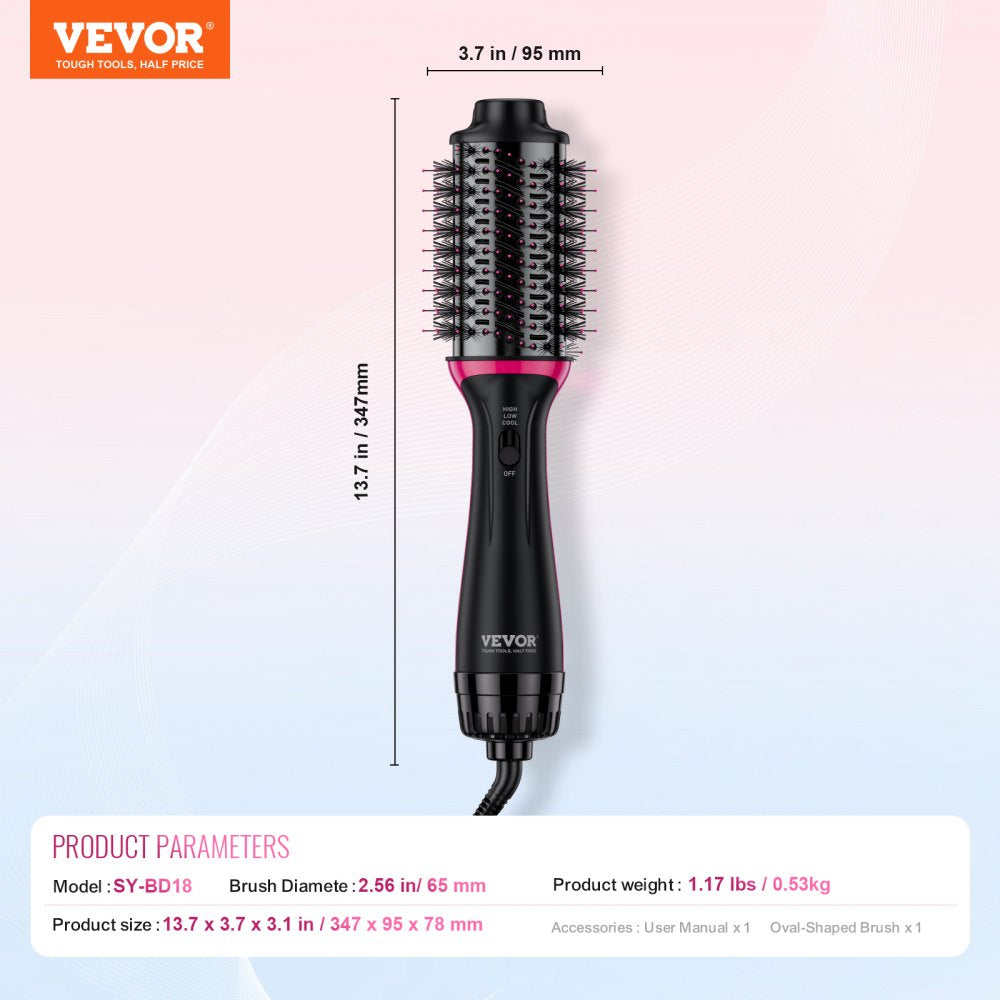 VEVOR Hair Blow Dryer Brush Dual Voltage Hot Air Styler with 2.56