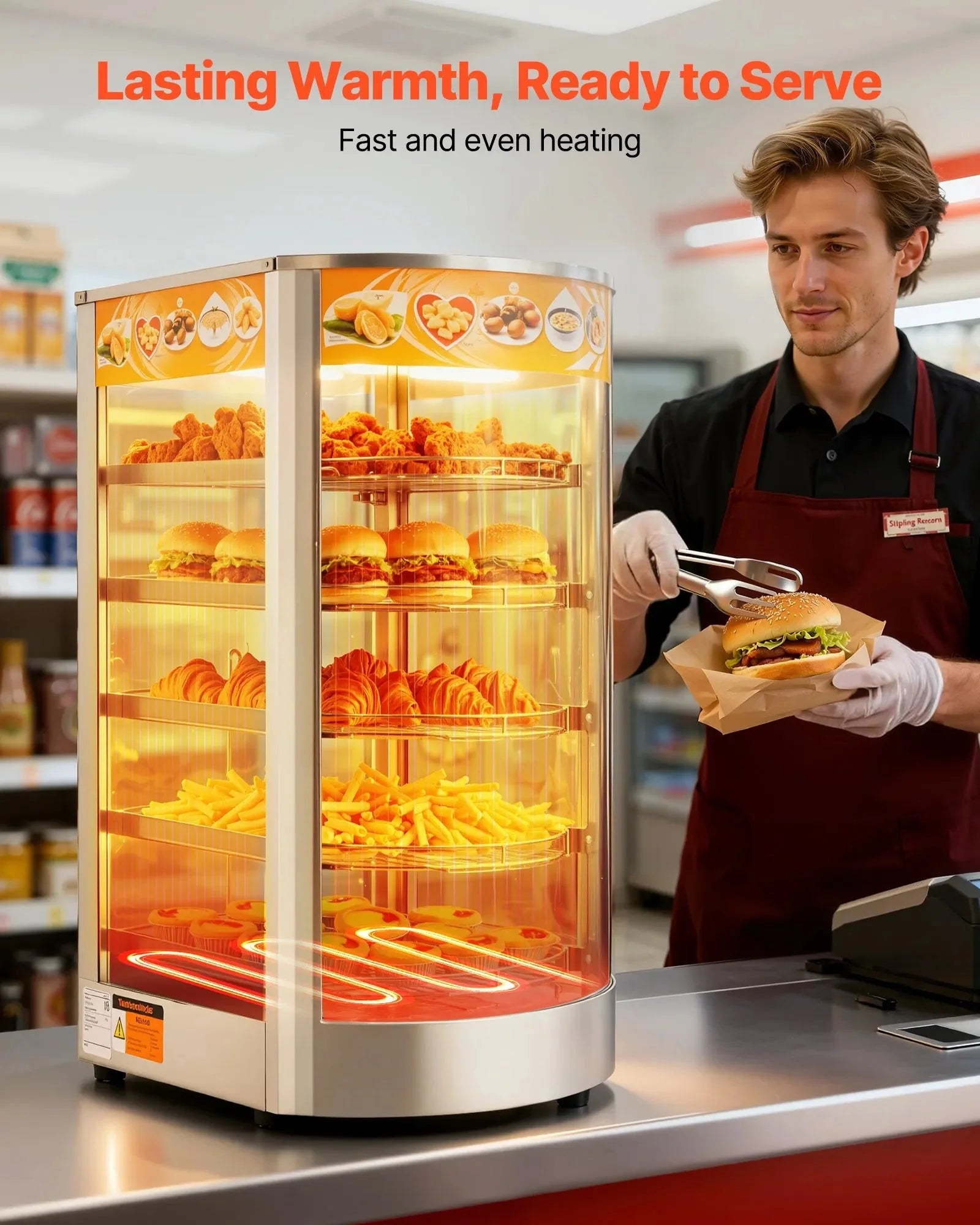 VEVOR 5-Tier Commercial Food Warmer Display, 800W Food Display Warmer with LED Light, Adjustable Shelf and Stainless Steel Frame, 86℉~185℉ Air Heating, 60L for Hamburger, Pizza, Bread, Fried Chicken