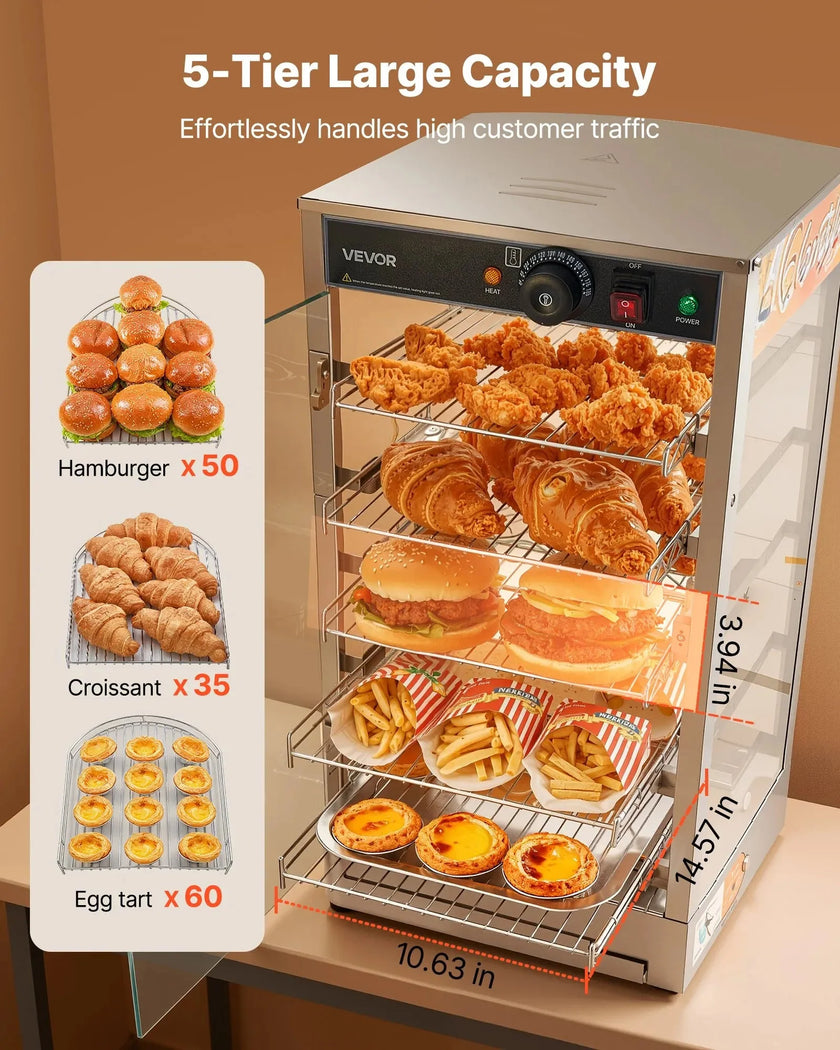 VEVOR 5-Tier Commercial Food Warmer Display, 800W Food Display Warmer with LED Light, Adjustable Shelf and Stainless Steel Frame, 86℉~185℉ Air Heating, 60L for Hamburger, Pizza, Bread, Fried Chicken