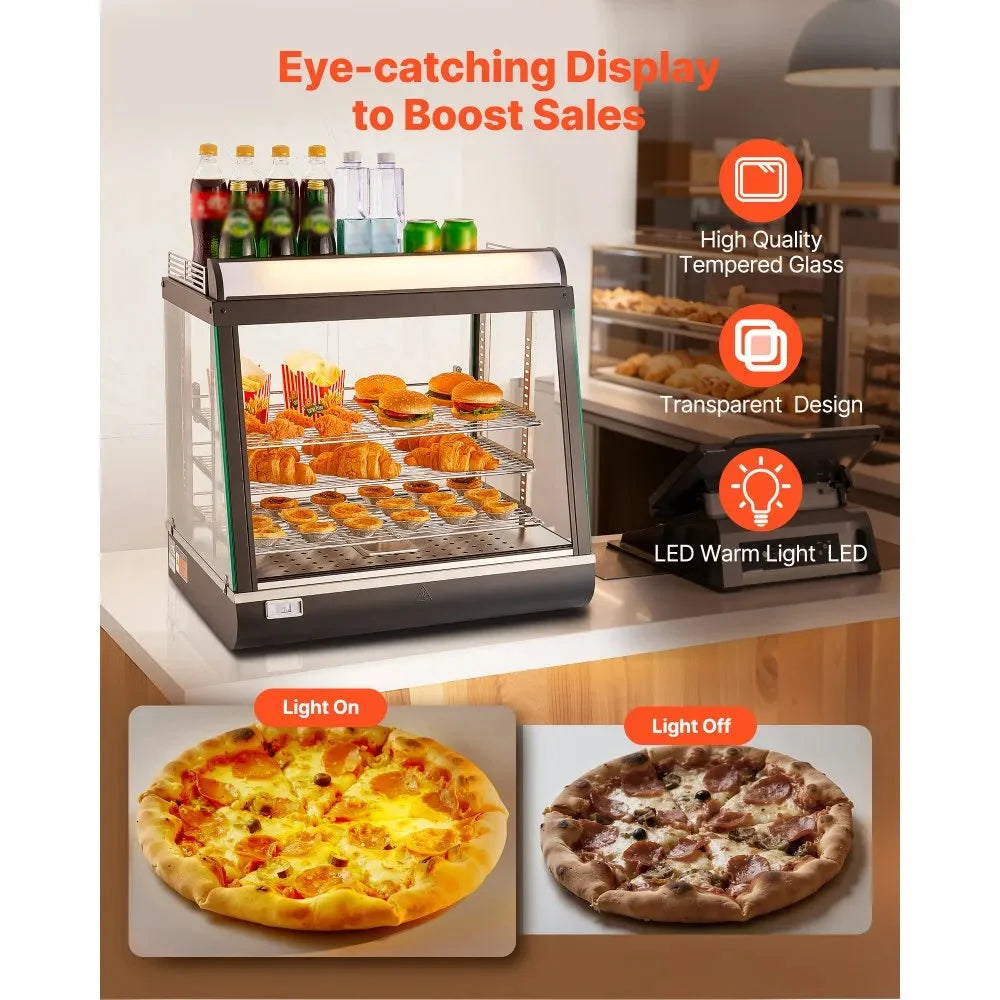 VEVOR 3-Tier Commercial Food Warmer Display, 1200W Food Display Warmer with LED Light, Top Storage and Adjustable Shelves, 86℉~185℉ Steam Heating, 75L for Hamburger, Pizza, Bread, Fried Chicken