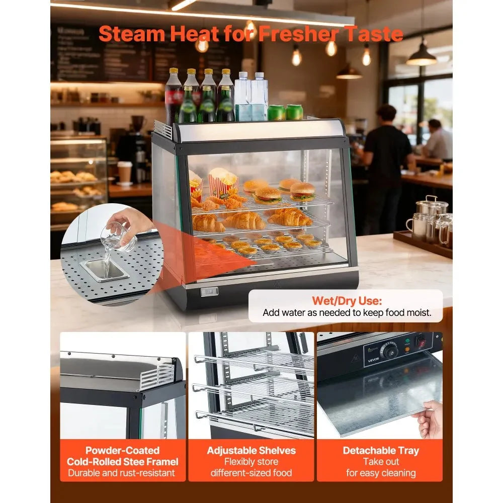 VEVOR 3-Tier Commercial Food Warmer Display, 1200W Food Display Warmer with LED Light, Top Storage and Adjustable Shelves, 86℉~185℉ Steam Heating, 75L for Hamburger, Pizza, Bread, Fried Chicken