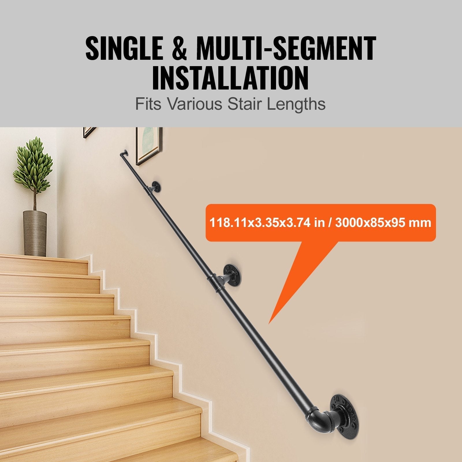 VEVOR Pipe Stair Handrail, 10FT Staircase Handrail, 440LBS Load Capacity Carbon Steel Pipe Handrail, Industrial Pipe Handrail with Wall Mount Support, Round Corner Wall Handrailing for Indoor, Outdoor