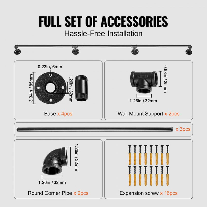 VEVOR Pipe Stair Handrail, 11FT Staircase Handrail, 440LBS Load Capacity Carbon Steel Pipe Handrail, Industrial Pipe Handrail with Wall Mount Support, Round Corner Wall Handrailing for Indoor, Outdoor