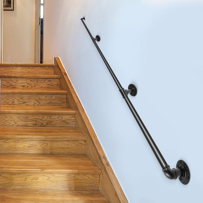 VEVOR Pipe Stair Handrail, 11FT Staircase Handrail, 440LBS Load Capacity Carbon Steel Pipe Handrail, Industrial Pipe Handrail with Wall Mount Support, Round Corner Wall Handrailing for Indoor, Outdoor