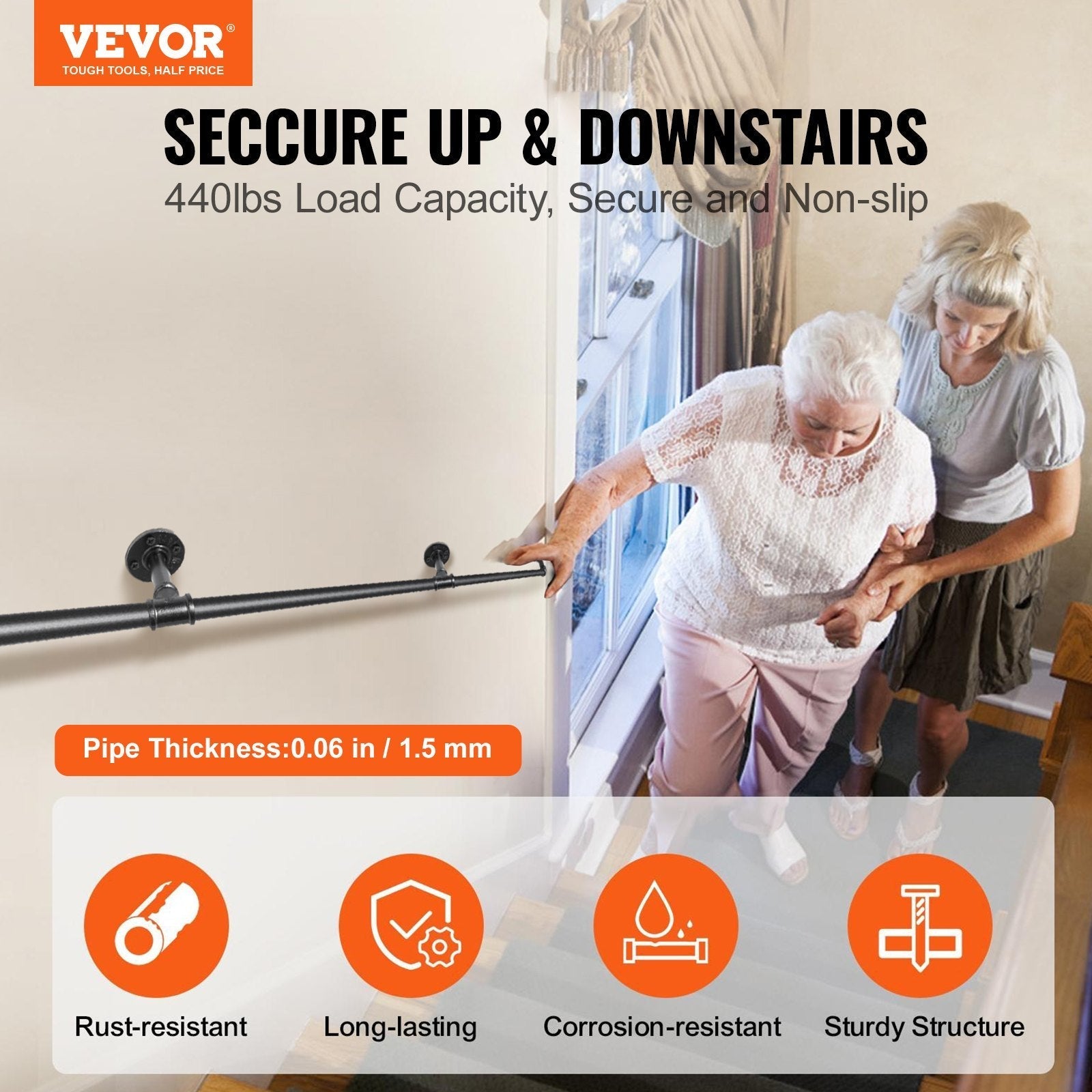 VEVOR Pipe Stair Handrail, 12FT Staircase Handrail, 440LBS Load Capacity Carbon Steel Pipe Handrail, Industrial Pipe Handrail with Wall Mount Support, Round Corner Wall Handrailing for Indoor, Outdoor
