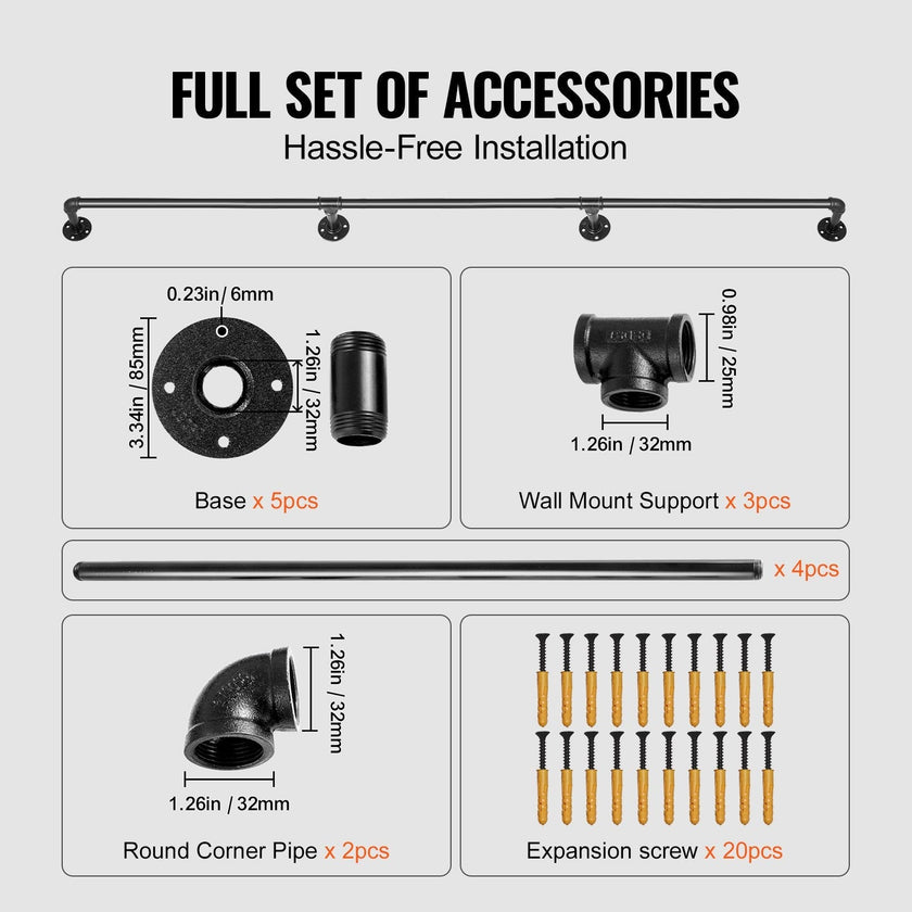 VEVOR Pipe Stair Handrail, 12FT Staircase Handrail, 440LBS Load Capacity Carbon Steel Pipe Handrail, Industrial Pipe Handrail with Wall Mount Support, Round Corner Wall Handrailing for Indoor, Outdoor