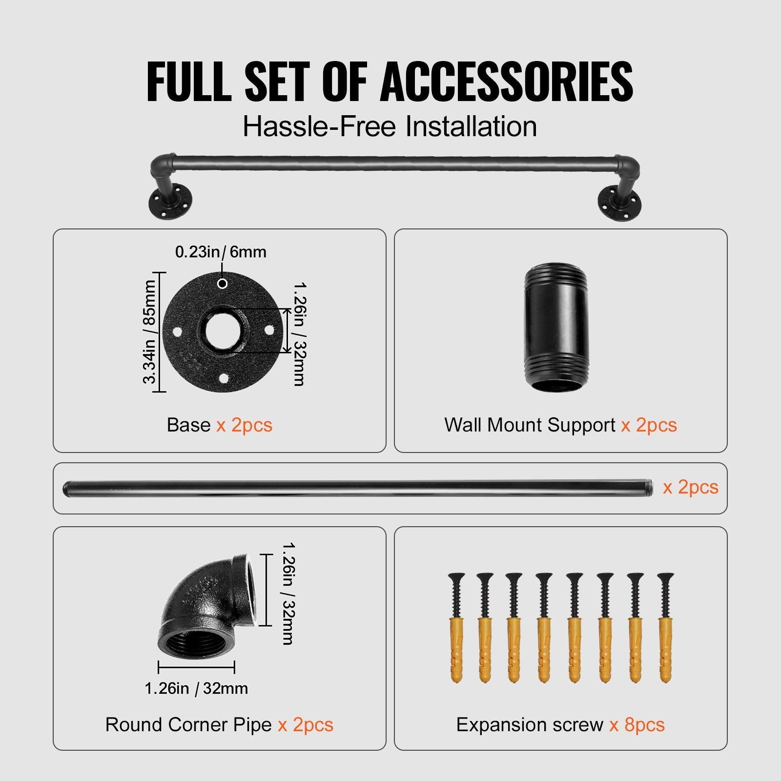 VEVOR Pipe Stair Handrail, 2FT Staircase Handrail, 440LBS Load Capacity Carbon Steel Pipe Handrail, Industrial Pipe Handrail with Wall Mount Support, Round Corner Wall Handrailings for Indoor, Outdoor