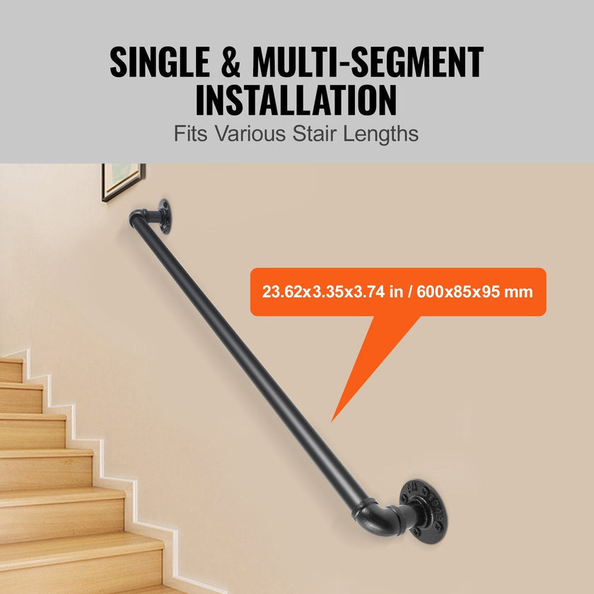 VEVOR Pipe Stair Handrail, 2FT Staircase Handrail, 440LBS Load Capacity Carbon Steel Pipe Handrail, Industrial Pipe Handrail with Wall Mount Support, Round Corner Wall Handrailings for Indoor, Outdoor