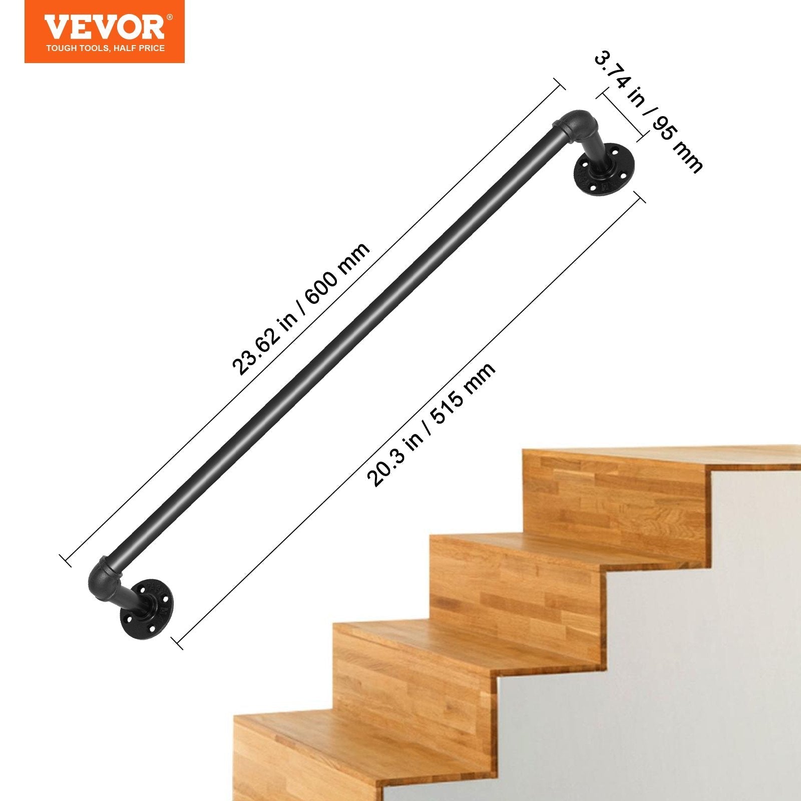 VEVOR Pipe Stair Handrail, 2FT Staircase Handrail, 440LBS Load Capacity Carbon Steel Pipe Handrail, Industrial Pipe Handrail with Wall Mount Support, Round Corner Wall Handrailings for Indoor, Outdoor